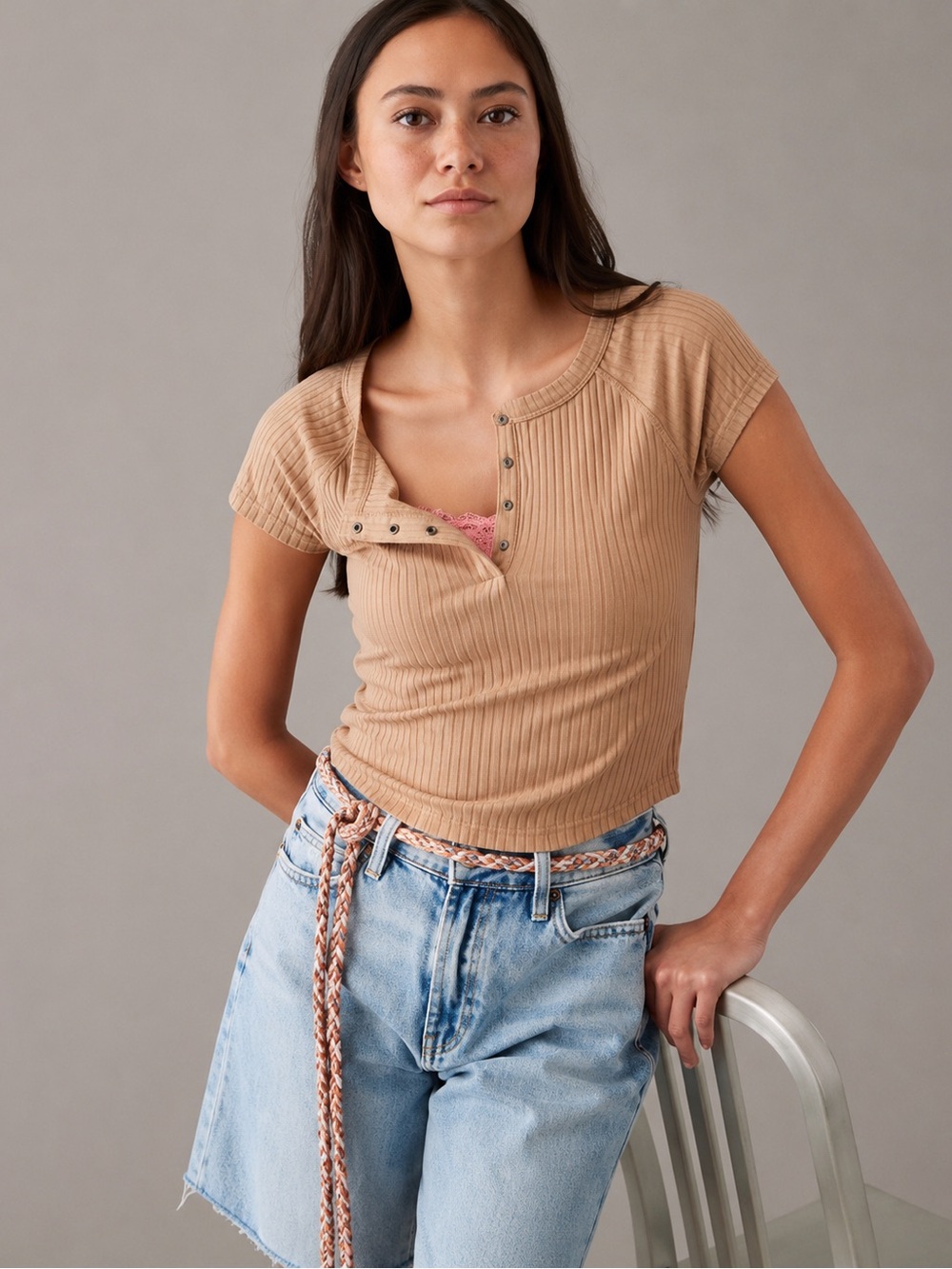 AE Cropped Hey Baby Waffle Tee – Tan – Size Small
